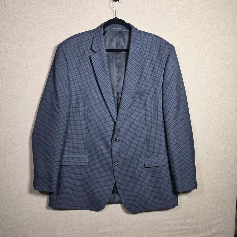 Chaps Mens Sport Coat Blazer 48L Blue Gray Grid Plaid Jacket 2-Button